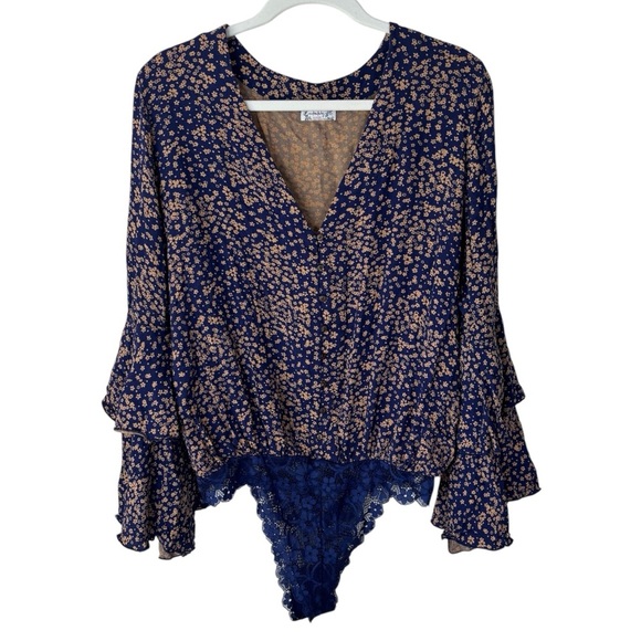 Free People Tops - Free People Intimately Ditsy Floral Bodysuit Blouse Ruffle Sleeve Blue Size L